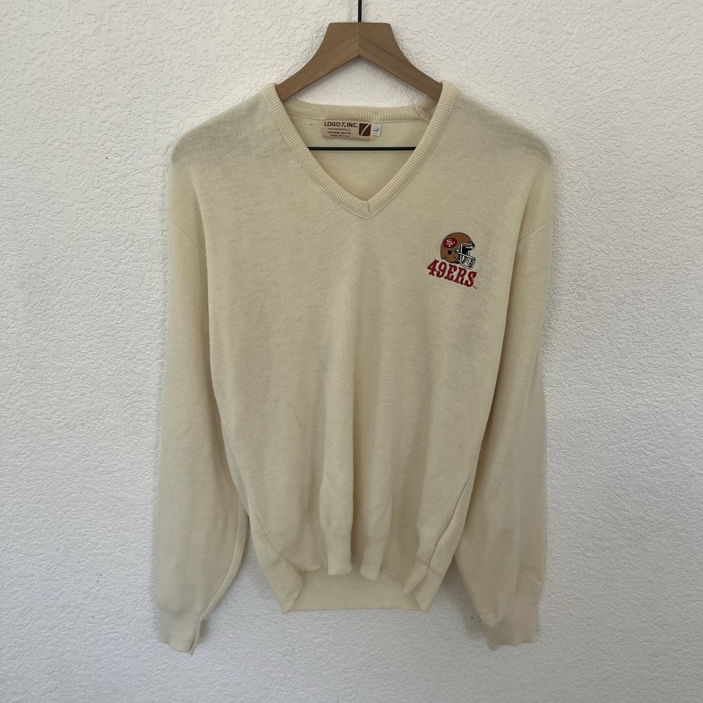 VTG Logo 7 San Francisco 49ers V-neck Sweater Mens Large NFL Orlon Acrylic 80s
